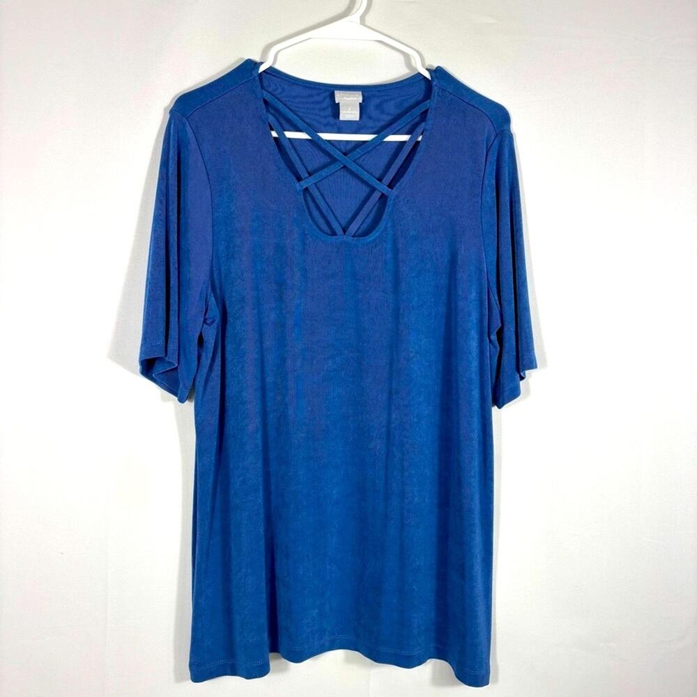 Chicos Travelers Blue Women's Short Sleeve Top Crisscross Detail Large Q0338